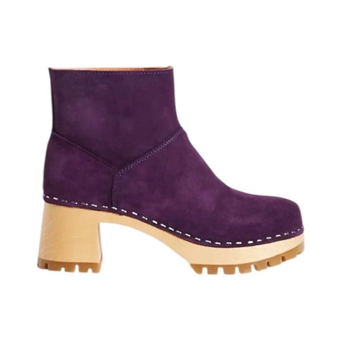 *Swedish Hasbeens Viola Suede Pull-On Wooden Platform Heel Clog Booties, Size 37