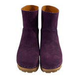 *Swedish Hasbeens Viola Suede Pull-On Wooden Platform Heel Clog Booties, Size 37