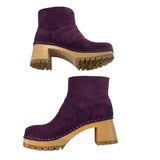 *Swedish Hasbeens Viola Suede Pull-On Wooden Platform Heel Clog Booties, Size 37