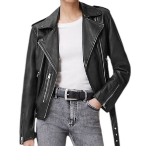 *ALLSAINTS Balfern Leather Asymmetrical Front Zip Belted Hem Epaulettes Moto Biker Jacket, Size 8