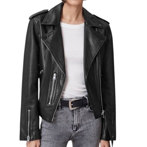 *ALLSAINTS Balfern Leather Asymmetrical Front Zip Belted Hem Epaulettes Moto Biker Jacket, Size 8