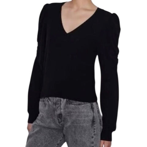 ^FRAME Frankie Cashmere Long Puff Ruched Sleeve V-Neck Pullover Sweater, Size M