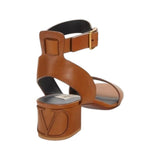 ^Valentino Garavani Leather Ankle Strap Embossed V Logo 2" Block Heel Sandals, Size 40