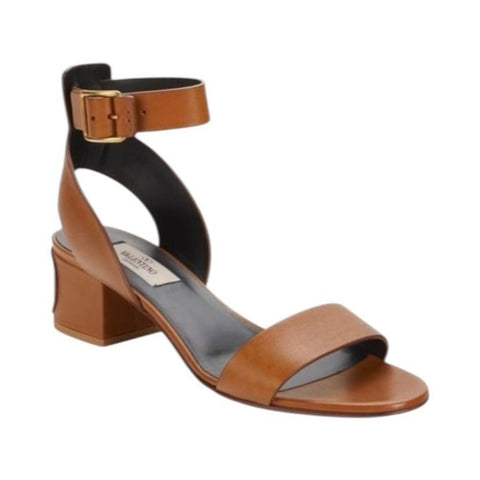 ^Valentino Garavani Leather Ankle Strap Embossed V Logo 2" Block Heel Sandals, Size 40
