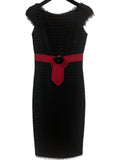 *Chanel Wool Grosgrain Bow Camelia Brooch Cap Sleeve Sheath Midi Dress, Size FR 38=US 6