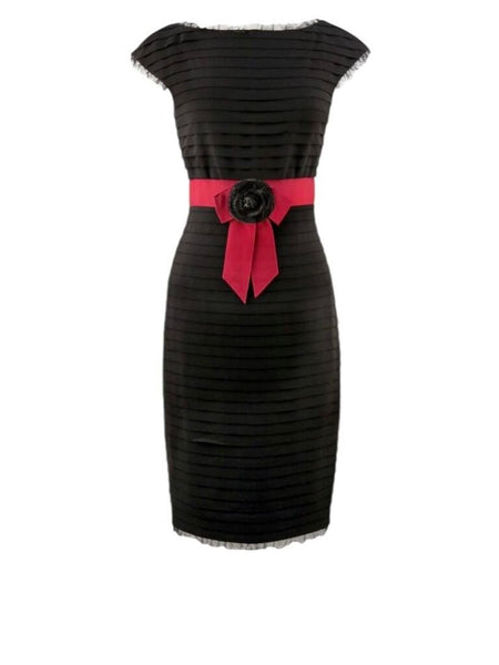 *Chanel Wool Grosgrain Bow Camelia Brooch Cap Sleeve Sheath Midi Dress, Size FR 38=US 6