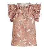 *Ulla Johnson Elisa Cotton Blend Floral Flutter Sleeve Ruffle Split Tie Neck Top, Size 8