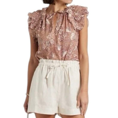 *Ulla Johnson Elisa Cotton Blend Floral Flutter Sleeve Ruffle Split Tie Neck Top, Size 8