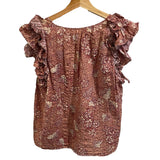 *Ulla Johnson Elisa Cotton Blend Floral Flutter Sleeve Ruffle Split Tie Neck Top, Size 8