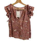 *Ulla Johnson Elisa Cotton Blend Floral Flutter Sleeve Ruffle Split Tie Neck Top, Size 8