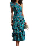 *Ulla Johnson Ondine Cotton Floral One Shoulder Cascading Ruffles Midi Dress, Size 8