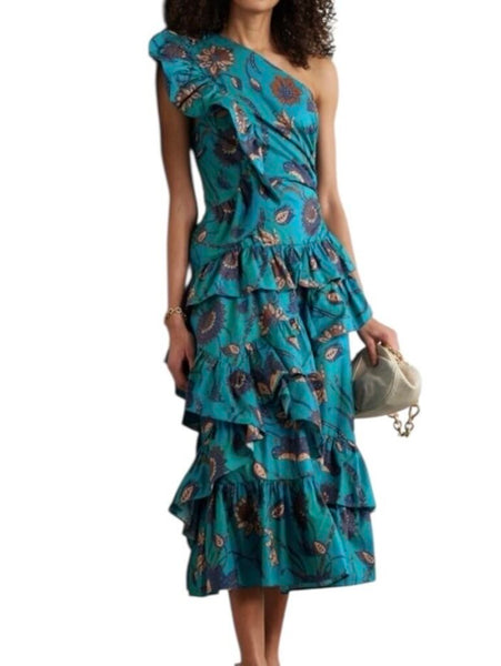 *Ulla Johnson Ondine Cotton Floral One Shoulder Cascading Ruffles Midi Dress, Size 8