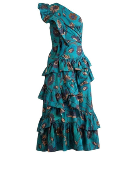 *Ulla Johnson Ondine Cotton Floral One Shoulder Cascading Ruffles Midi Dress, Size 8