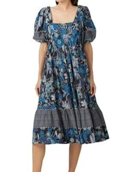 *Ulla Johnson Nora Cotton Blend Floral Short Puff Sleeve Square Neck Midi Dress, Size 8