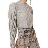 *Ulla Johnson Finley Cotton Stripe Long Blouson Sleeve Button-Up Crew Neck Top, Size 8