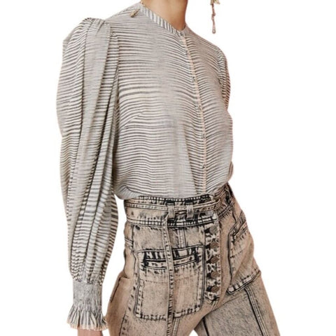 *Ulla Johnson Finley Cotton Stripe Long Blouson Sleeve Button-Up Crew Neck Top, Size 8