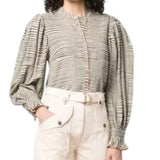 *Ulla Johnson Finley Cotton Stripe Long Blouson Sleeve Button-Up Crew Neck Top, Size 8