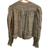 *Ulla Johnson Finley Cotton Stripe Long Blouson Sleeve Button-Up Crew Neck Top, Size 8