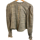 *Ulla Johnson Finley Cotton Stripe Long Blouson Sleeve Button-Up Crew Neck Top, Size 8