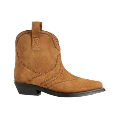 *GANNI Suede Topstitched Seams Pointed Toe Western Pull-On Ankle Booties, Size 40