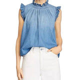 *FRAME Denim Cotton Blend Sleeveless High-Neck Ruffle Trim Button-Back Top, Size S