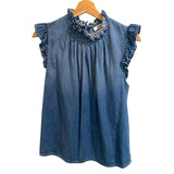 *FRAME Denim Cotton Blend Sleeveless High-Neck Ruffle Trim Button-Back Top, Size S
