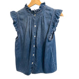 *FRAME Denim Cotton Blend Sleeveless High-Neck Ruffle Trim Button-Back Top, Size S