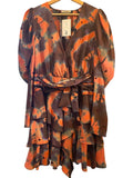 *Ulla Johnson Semira Silk Tie-Dye Balloon Sleeve Plunge Neck Tiered Mini Dress, Size 6