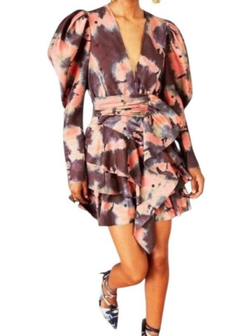 *Ulla Johnson Semira Silk Tie-Dye Balloon Sleeve Plunge Neck Tiered Mini Dress, Size 6