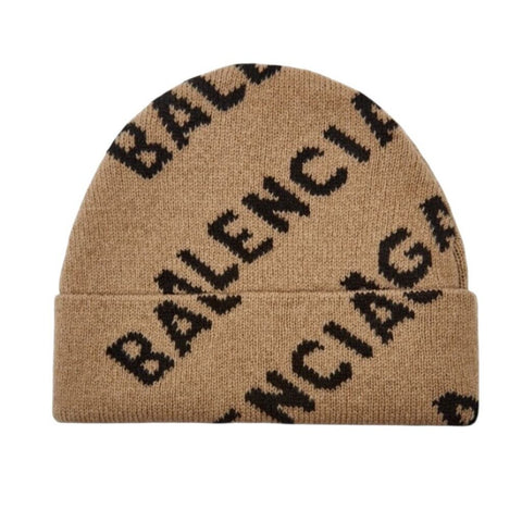 *Balenciaga Stretch Wool Rib Knit Intarsia Logo Cuffed Beanie Hat