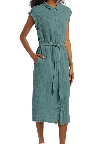 ^XiRENA Cotton Gauze Sleeveless Collared Button-Up Belted Midi Dress, Size XS