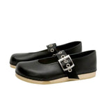 *No. 6 Maryjane Clog Leather Round Toe Buckle Strap Bendable Wood Base Clog, Size 37