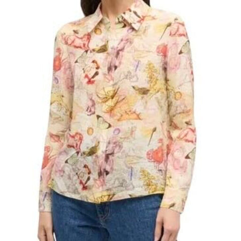 *Alice + Olivia Willa Silk Zodiac Long Sleeve Collared Button-Up Shirt Top, Size S