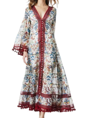 *Alice + Olivia Alexandria Floral 3/4 Flare Sleeves V-Neck Open Back Button-Up Tassel Trim Maxi Dress, Size 0