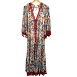 *Alice + Olivia Alexandria Floral 3/4 Flare Sleeves V-Neck Open Back Button-Up Tassel Trim Maxi Dress, Size 0