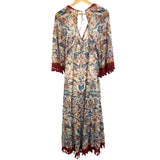 *Alice + Olivia Alexandria Floral 3/4 Flare Sleeves V-Neck Open Back Button-Up Tassel Trim Maxi Dress, Size 0