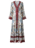 *Alice + Olivia Alexandria Floral 3/4 Flare Sleeves V-Neck Open Back Button-Up Tassel Trim Maxi Dress, Size 0