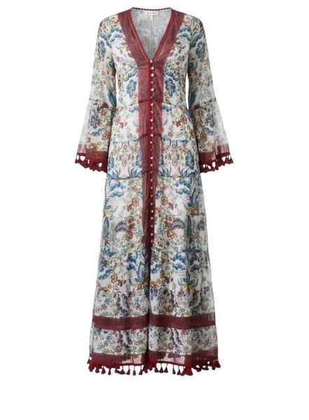 *Alice + Olivia Alexandria Floral 3/4 Flare Sleeves V-Neck Open Back Button-Up Tassel Trim Maxi Dress, Size 0