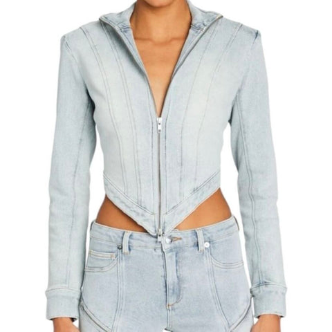 *Seroya Chrissy Faded Denim Zip Front Stand Collar Asymmetrical Hem Denim Jacket, Size L