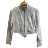 *Seroya Chrissy Faded Denim Zip Front Stand Collar Asymmetrical Hem Denim Jacket, Size L