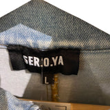 *Seroya Chrissy Faded Denim Zip Front Stand Collar Asymmetrical Hem Denim Jacket, Size L