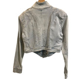 *Seroya Chrissy Faded Denim Zip Front Stand Collar Asymmetrical Hem Denim Jacket, Size L