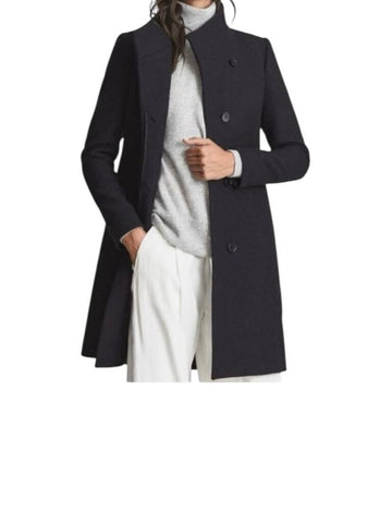 *Reiss Mia Wool Blend Stand Collar Hidden Button Front Mid-Length Car Coat, Size 8