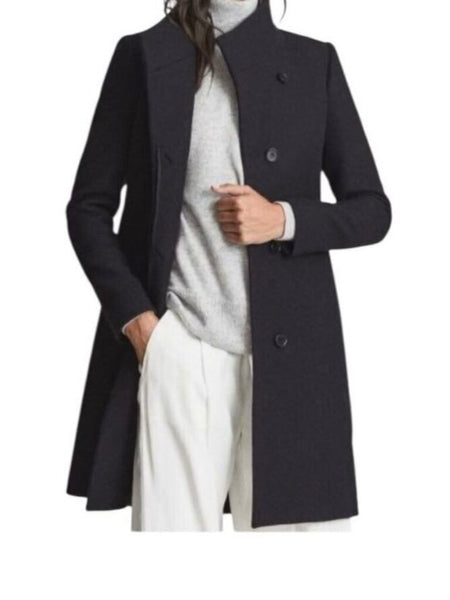*Reiss Mia Wool Blend Stand Collar Hidden Button Front Mid-Length Car Coat, Size 8