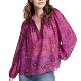 *Ulla Johnson Constance Silk Chiffon Metallic Floral Balloon Sleeve Tie Split Neck Top, Size 4