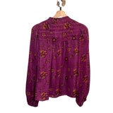 *Ulla Johnson Constance Silk Chiffon Metallic Floral Balloon Sleeve Tie Split Neck Top, Size 4