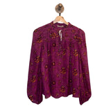 *Ulla Johnson Constance Silk Chiffon Metallic Floral Balloon Sleeve Tie Split Neck Top, Size 4