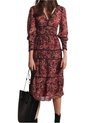^ba&sh Gigi Fall Floral Long Blouson Sleeve V-Neck Contrast Trim Midi Dress, Size bs1=US 4
