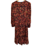 *ba&sh Gigi Fall Floral Long Blouson Sleeve V-Neck Contrast Trim Midi Dress, Size bs1=US 4