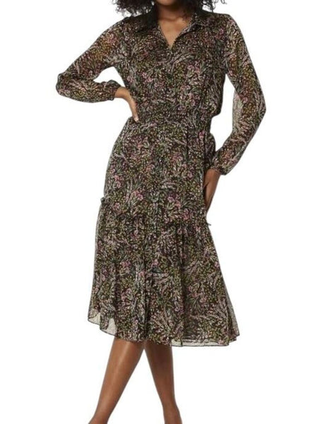 *Misa LA Laysi Floral Long Sleeve Collared Button-Up Smocked Waist Midi Shirt Dress, Size XS